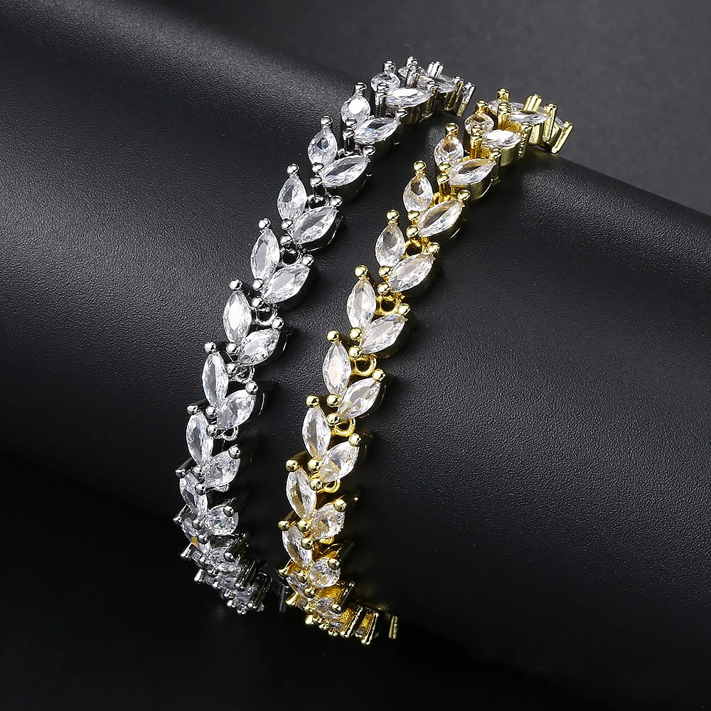 Wunderschönes, glänzendes, verstellbares Blatt-Tennisarmband mit Zirkonia-Besatz für Damen und Herren, zarte Kristall-Handkette, Schmuck H035 – Detail 5