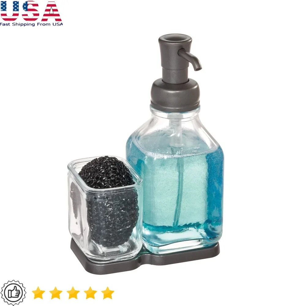 

Clear Glass Soap Pump and Sponge Caddy Durable Sink Organizer with Refillable Soap Dispenser Kitchen Bathroom Essentials