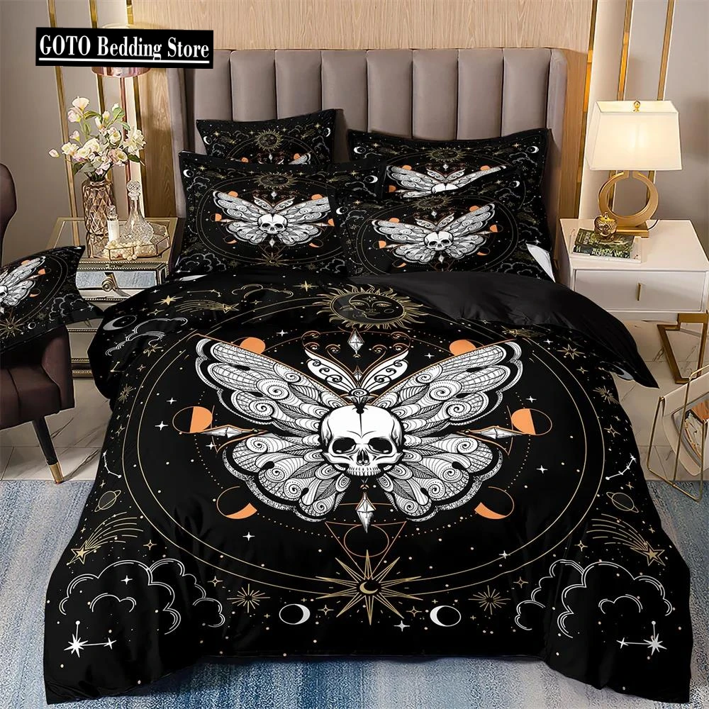 

Luxury Black Bedding Set with Galaxy Print, Galaxy Duvet Cover, Galaxy, Starry Sky, Butterfly, Skull, Moth,Halloween Quilt Sets