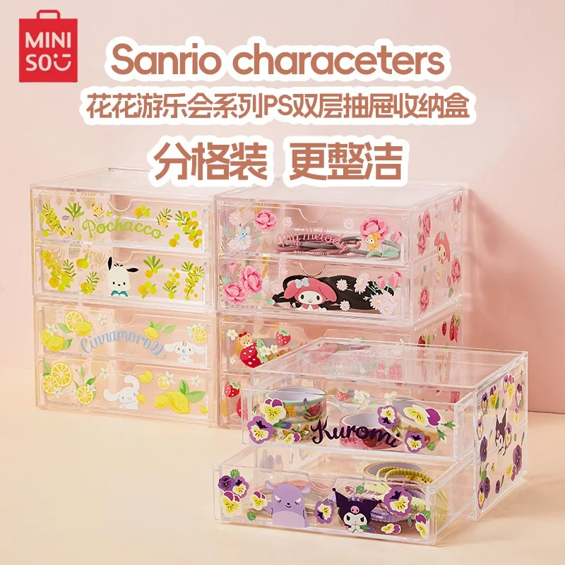 MINISO Sanrios Hellokittys Flower Amusement Club Collection Anime Kawaii My Melody Double Layered Cosmetic Drawer Storage Box