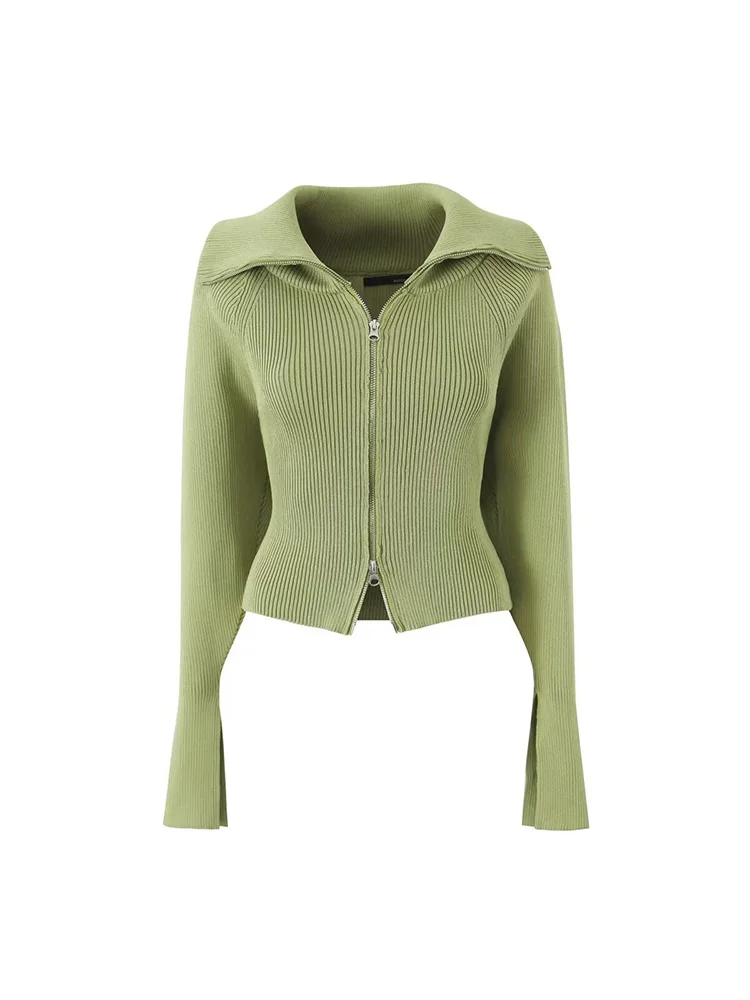 2024 European and American style slim fit green V-neck double zipper knitted cardigan women\'s autumn new sweater jacket