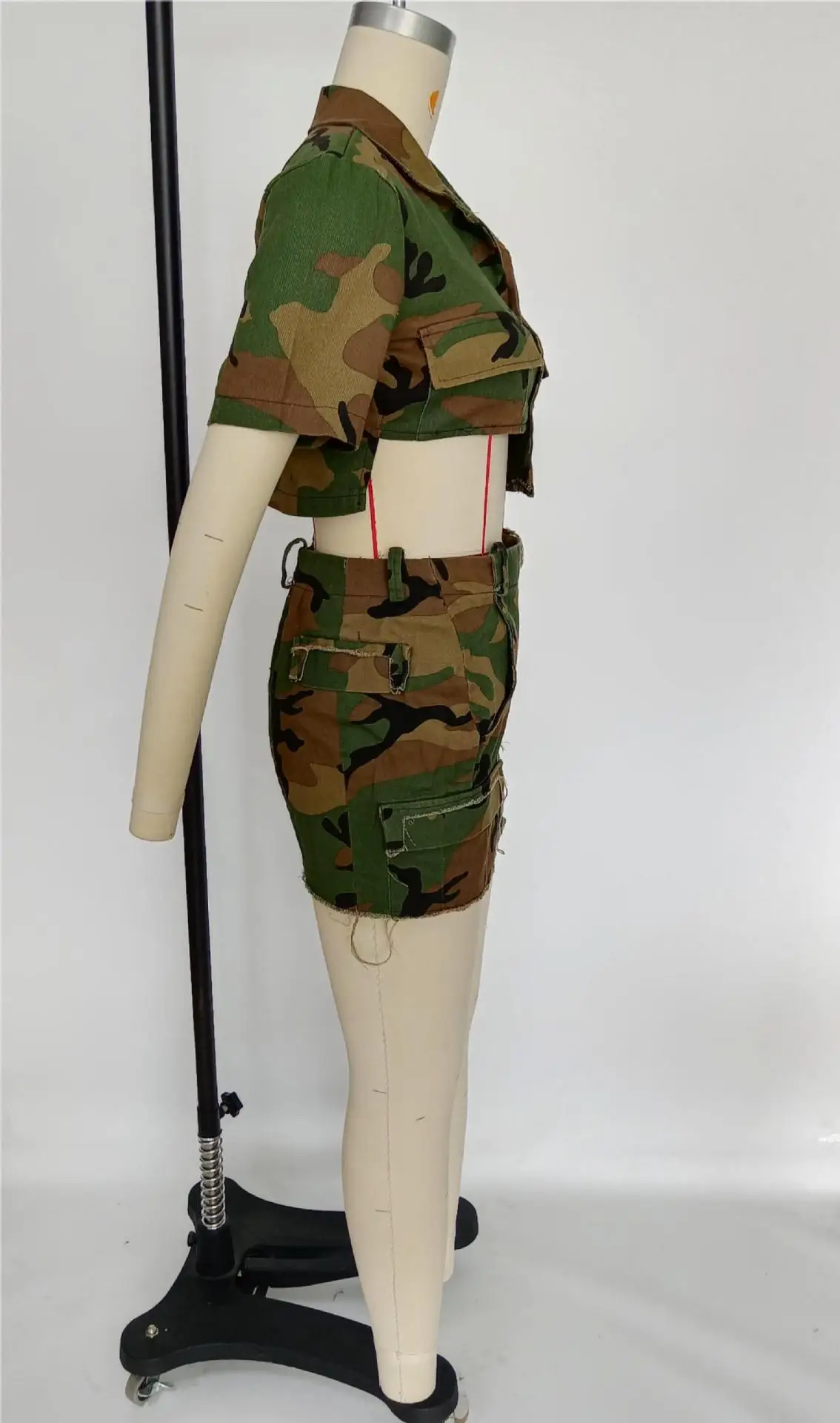 Women's Spring And Summer Sex Appeal Fashion Camouflage Cloth Pocket Irregular Blouse Sexy Skirt Suit Two-Piece Set