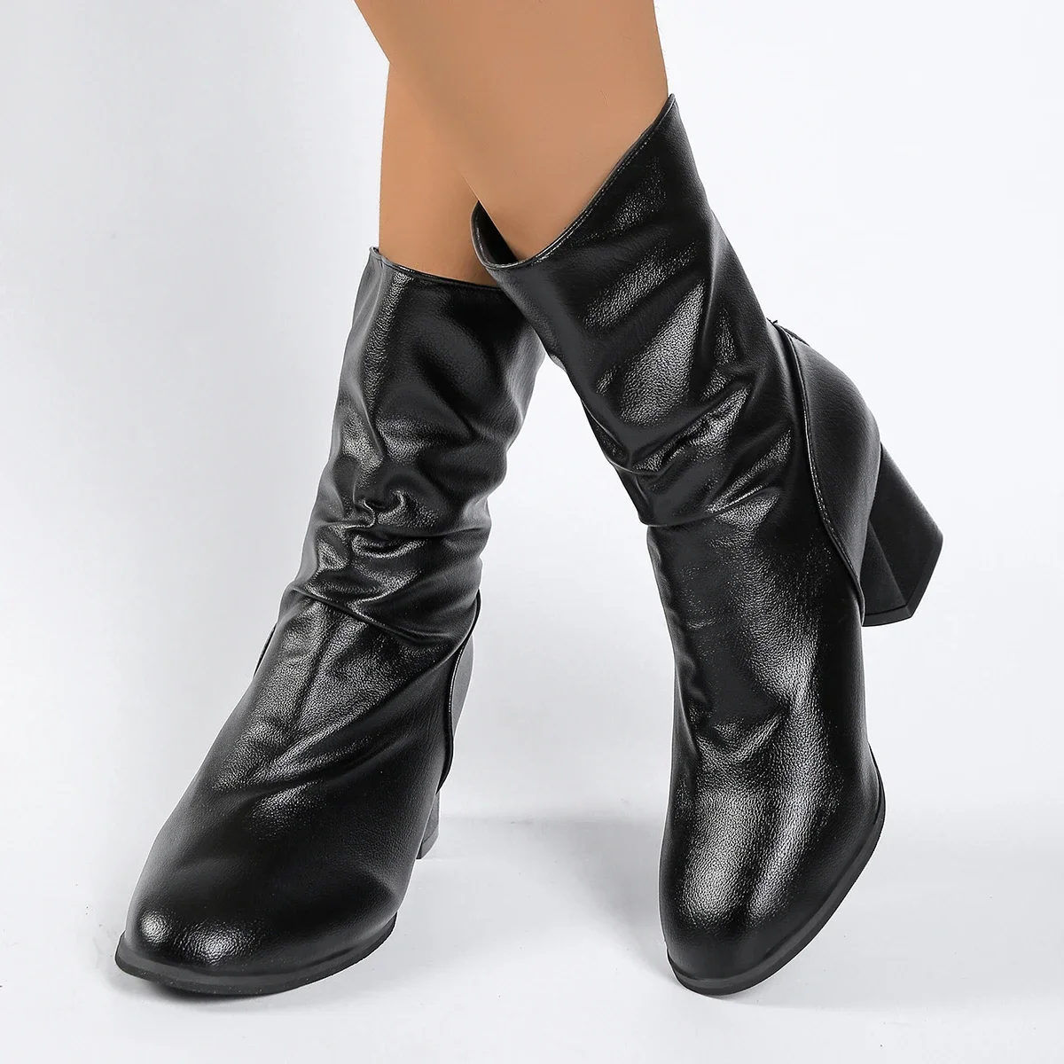 

Элегантные зимние однотонные ботинки на высоком каблуке с молнией и средней подошвой, новые модные удобные спортивные теплые женские ботинки на средней подошве