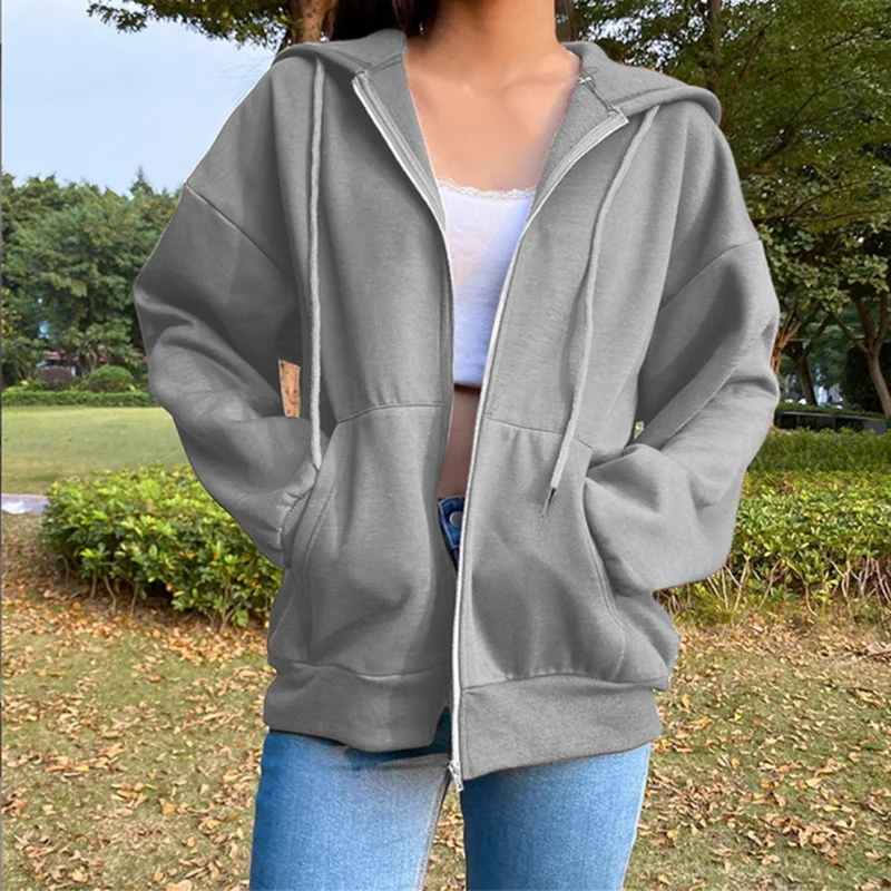 Autumn Fleece Hoodie Solid Color Hooded Korean Fashion Sweatshirts Long Sleeve Top Drawstring Pockets Loose Zipper Black Hoodies