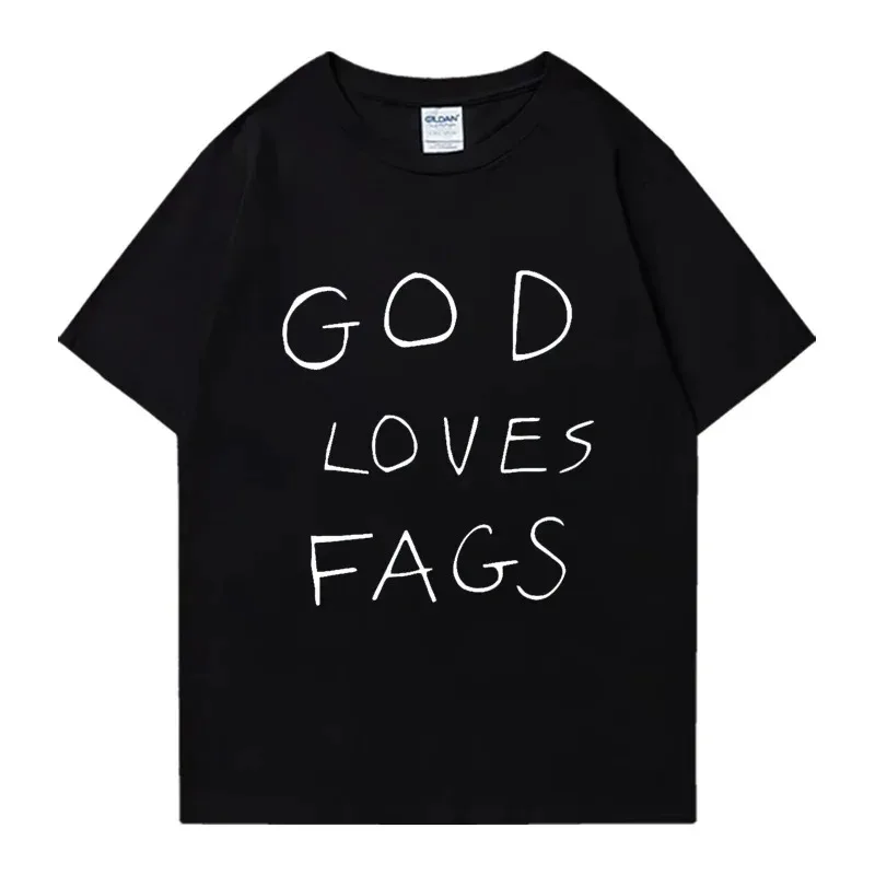 Shameless deus adora fags impresso camiseta 2025 masculino e feminino retro casual topo em torno do pescoço camiseta rua tendência