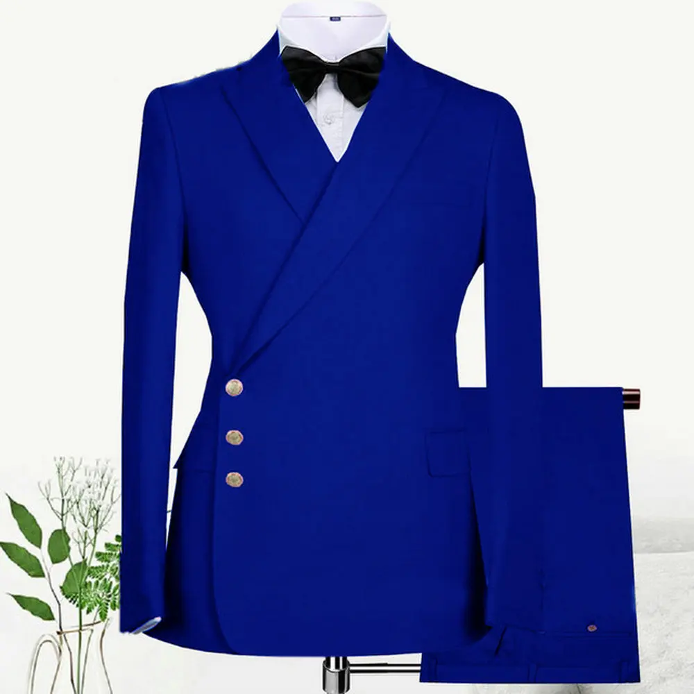 Royal Blue Double Breasted Men Business Suit Groom Groomsman Wedding Party Formal Prom Male Tuxedos 2 Piece Set Jacket Pants