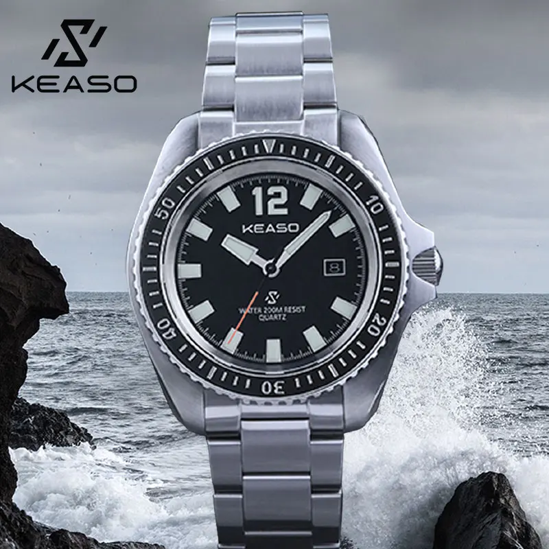 KEASO Men Quartz Watch Sapphire Mirror Ceramic Bezel 200M Waterproof C3 Luminous Solid 316L Steel Dive Quartz Movement Watch Men