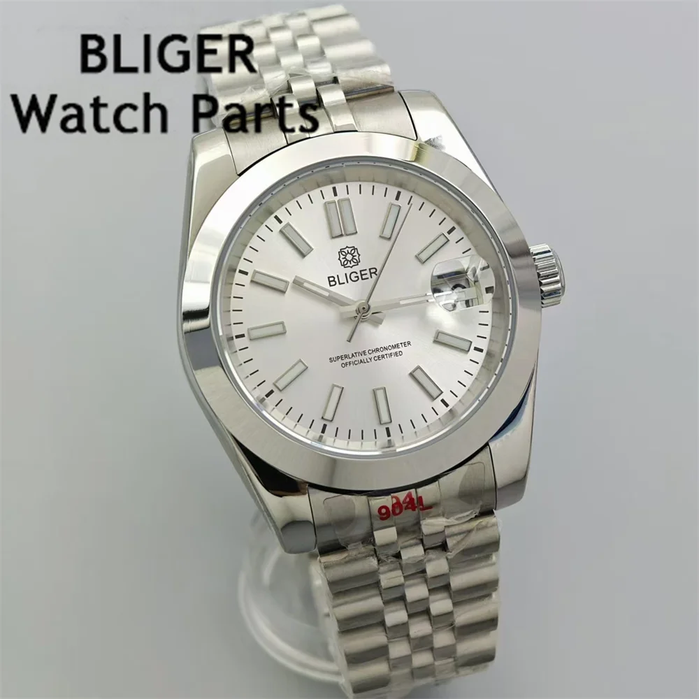 BLIGER 36 мм/39 мм мужские часы NH35 автоматический механизм с фиксированным наклонным безелем белый циферблат сапфировое стекло зеленый светящийся стальной ремешок