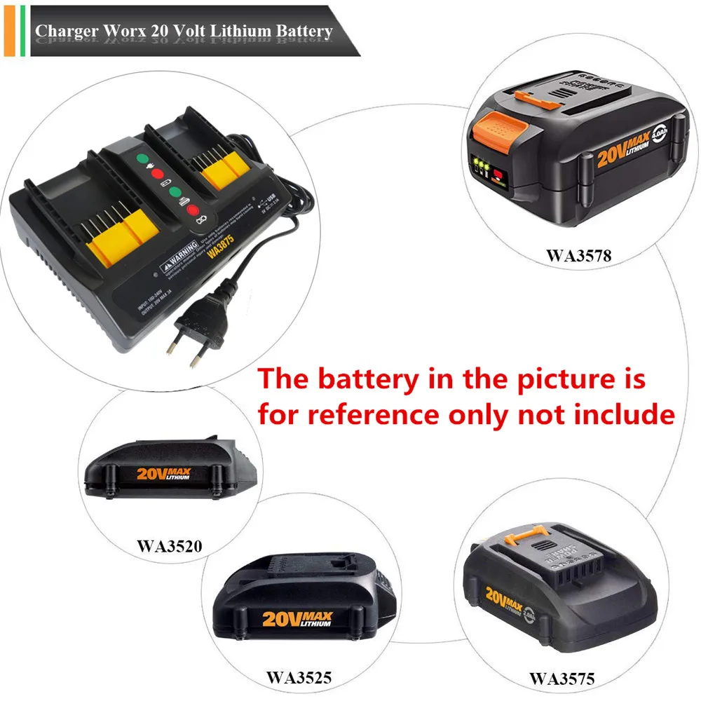 

Зарядное устройство для литий-ионного аккумулятора Worx WA3875 Зарядное устройство 20 В 18 В для Worx WA3520 WA3525 WA3578 WA3575 WA3742 Зарядное устройство с двумя портами зарядки 3 А