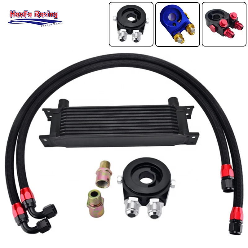 Oil Cooler Kit 10 Rows Car Engine Cooling Aluminum Radiator Universal Cooler +Nylon Braided Rubber AN10 Hose Fittings