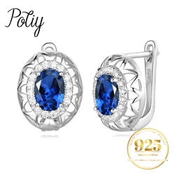Potiy Oval Shape Total 2.15ct Created Sapphire Hoop Earrings 925 Sterling Silver for Women Daily Wedding Party Jewelry