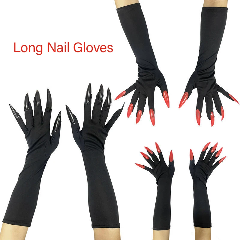 1Pair Long Nail Gloves Halloween Cosplay Ghost Claw Gloves Fashionable Personality Solid Color Mittens Stage Performance Props