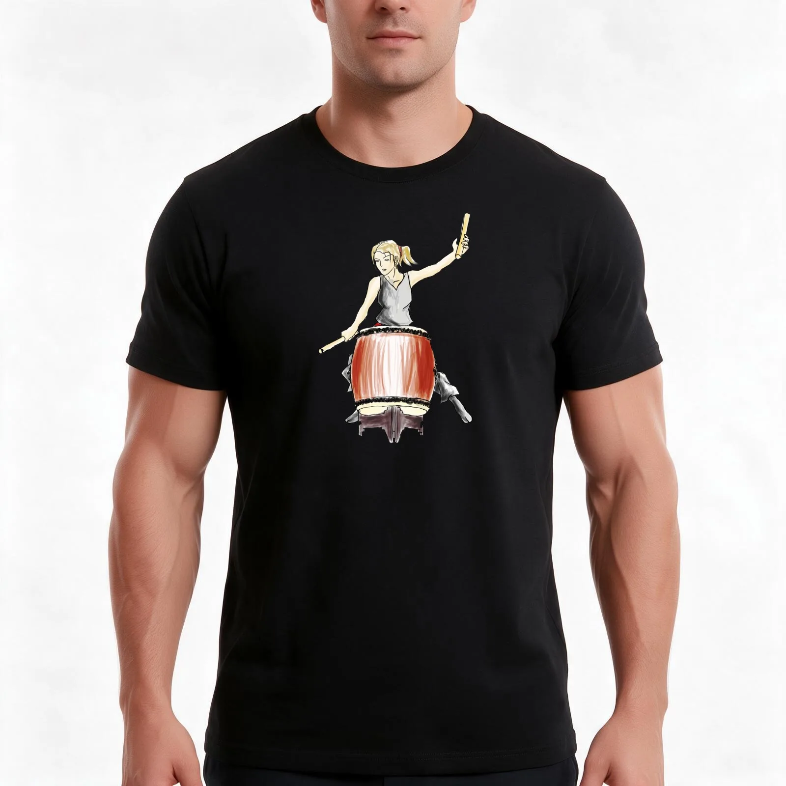 Taiko Drummer T-Shirt, Summer Casual Cotton Tee, Oversized Streetwear Tops, Vintage Graphic Print, Loose Fit Short Sleeve