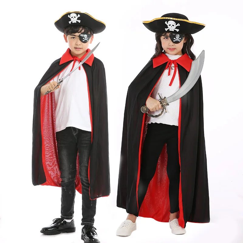 

Halloween Costume Captain Cosplay Role Play Black Red Pirate Cloak Hat Suit
