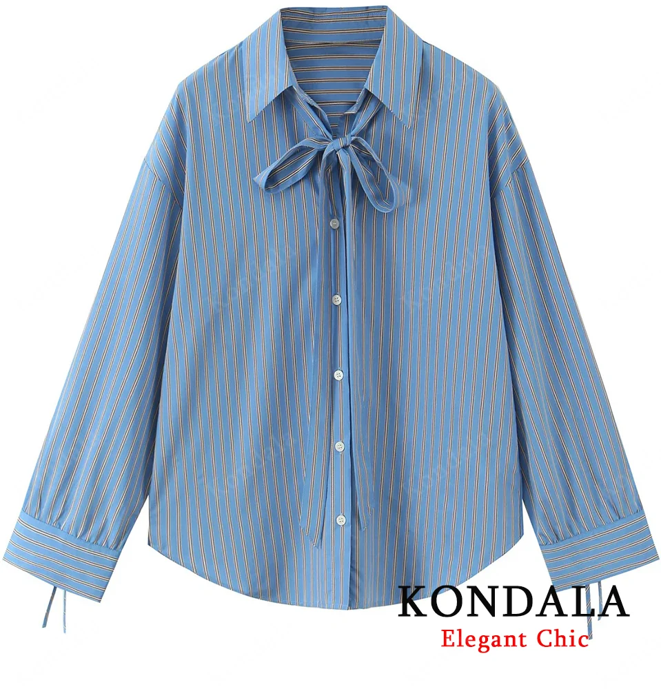 

KONDALA Women Fall Casual Bow Collar Shirt Striped Loose Buttons Shirts 2025 Spring Autumn Fashion Commute Elegant Lady Shirts