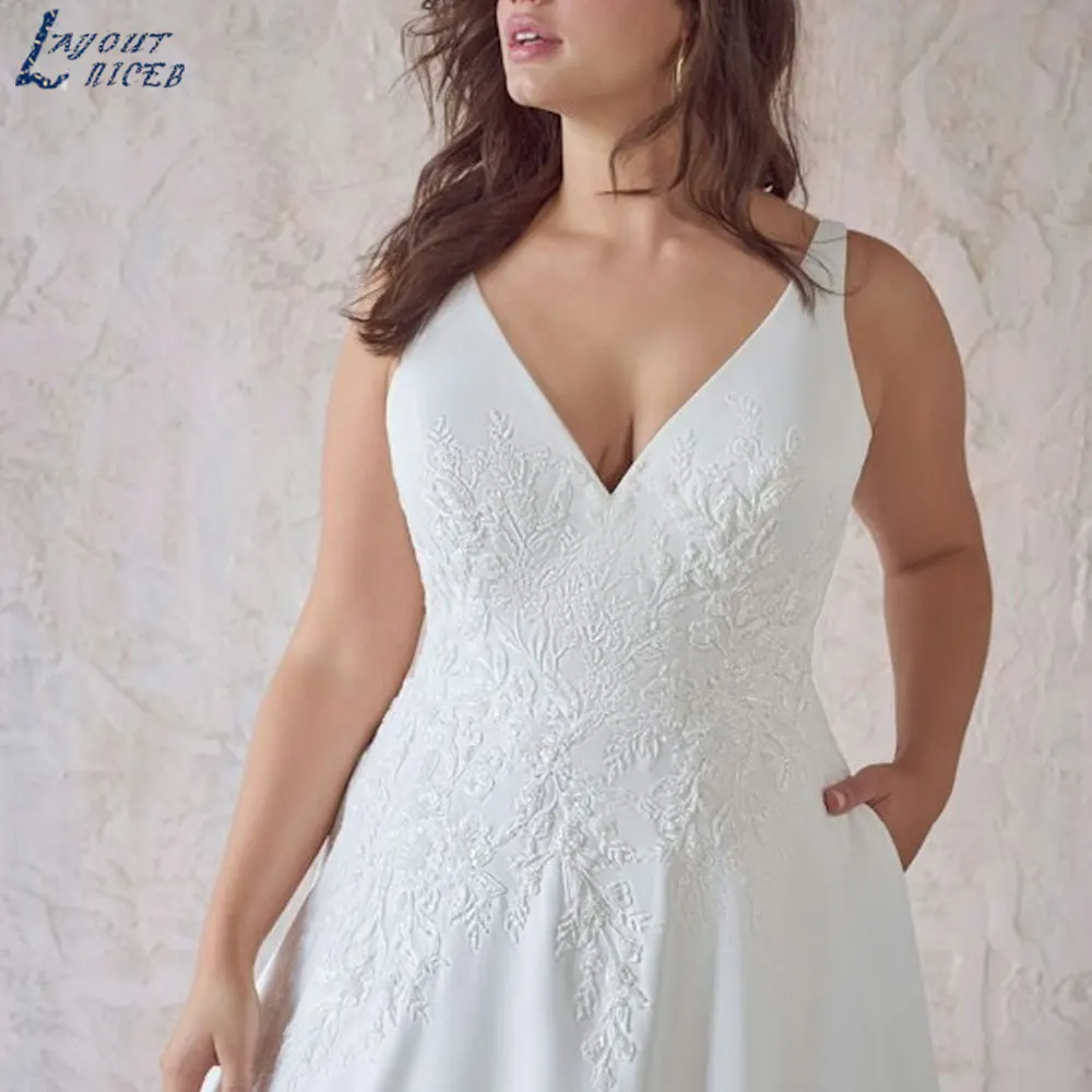 LAYOUT NICEB Spaghetti Straps Appliques Satin Wedding Gowns 2024 Deep V-Neck Backless Bridal Dresses Back Buttons suknia ślubna