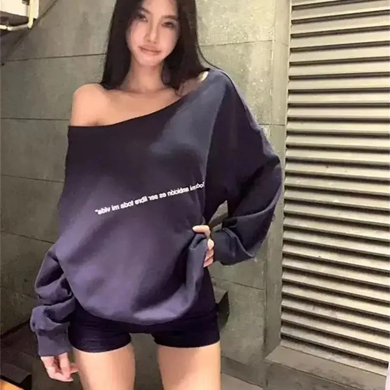 

Spicy Girl Navy Blue Hoodie 2024 Autumn New Loose Print Niche Design Loose Casual Slanted Shoulder Long Sleeved top for Women WF