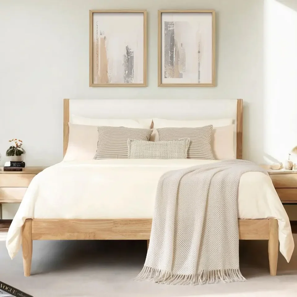 Wooden Bed Frame with Upholstered Headboard