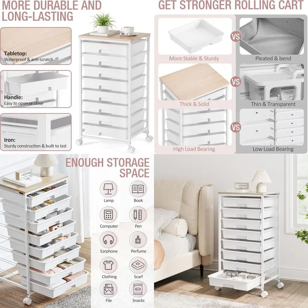 

8-Drawer Storage Cart, White Utility Cart with Wooden Top, Craft Organizer for Classroom