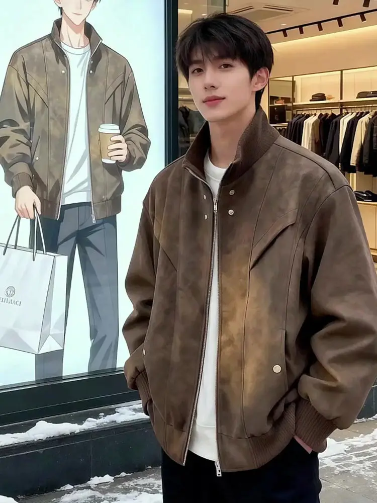 

Мужская куртка из искусственной кожи в американском стиле, весенняя, ретро, свободного кроя, универсальная, мотоциклетная, с воротником-стойкой, на молнии