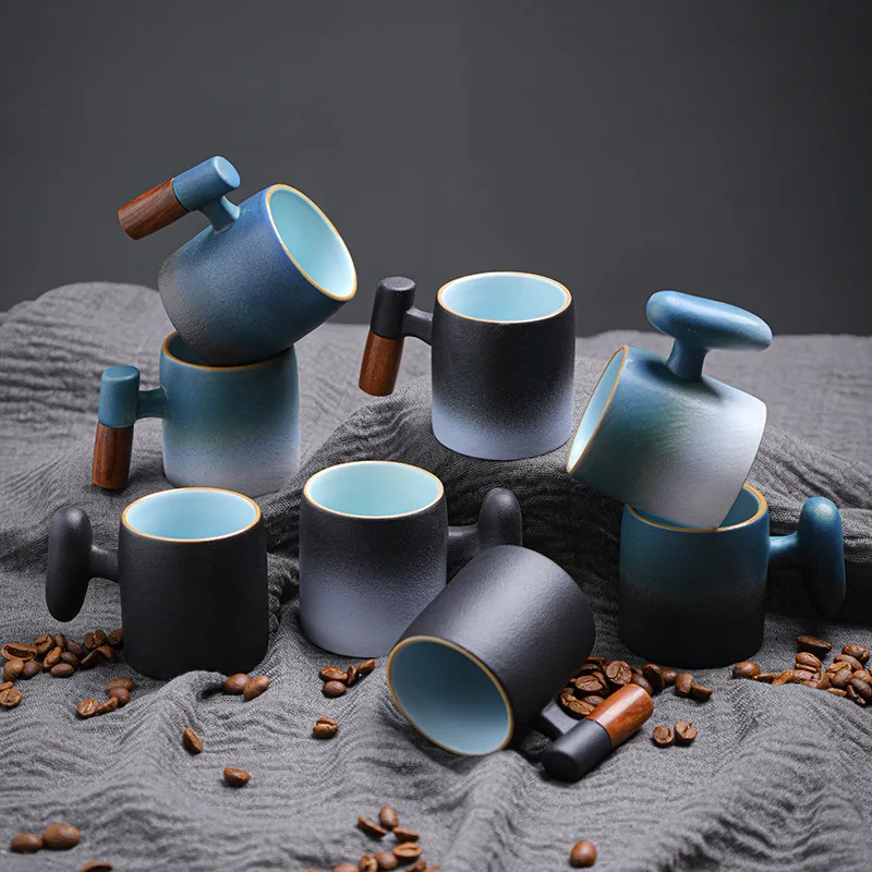 Kiln Change Glaze Ceramic Coffee Mug with Wooden Handle Gradient Color Stoneware Master Cup for Home Office Tea Gift