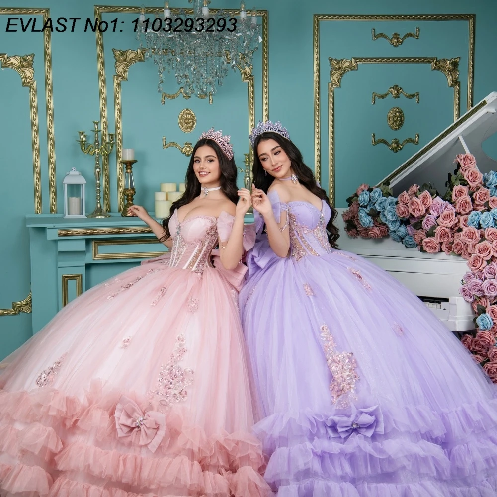 EVLAST Customized Shiny Green Quinceanera Dress Ball Gown Floral Applique Beading Ruffles Sweet 16 Vestidos De 15 Anos E1QN698