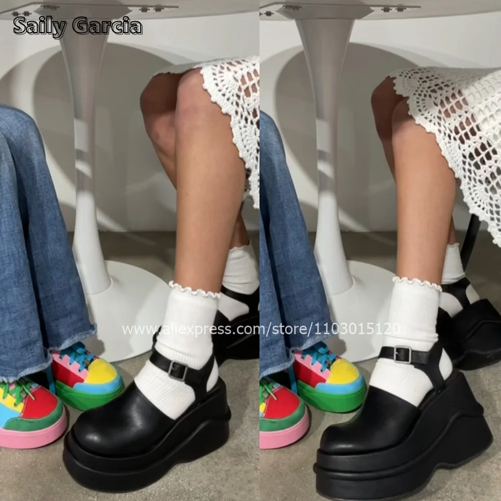 

Mary Jane Buckle Strap Chunky Heel Wedges Sandals Punk Style All-Match Cool Girl Shoes Round Toe Platform Casual Women Shoes