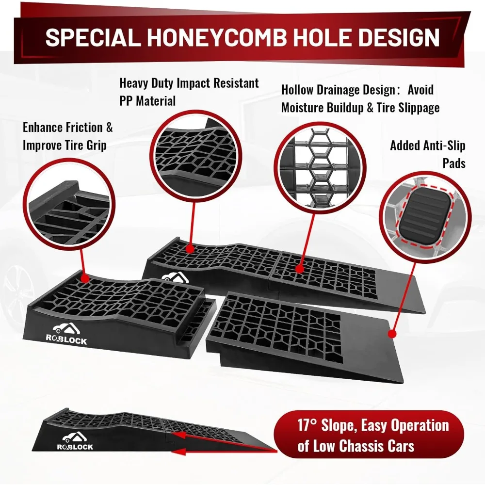 Adjustable Low-Profile Vehicle Ramps for Jack Support and High Lift, Sturdy Car Ramps for Low-Slung Cars, Detachable Automotive
