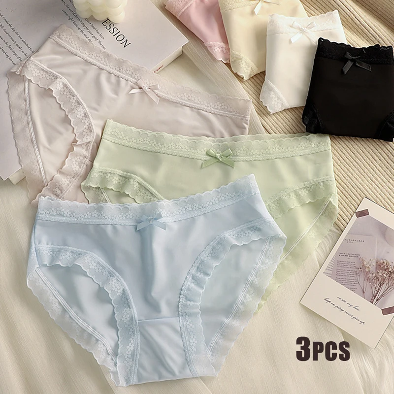 

3PCS Women's Thin Ice Silk Panties Lace Breathable Quick Dry Cotton Crotch Panty