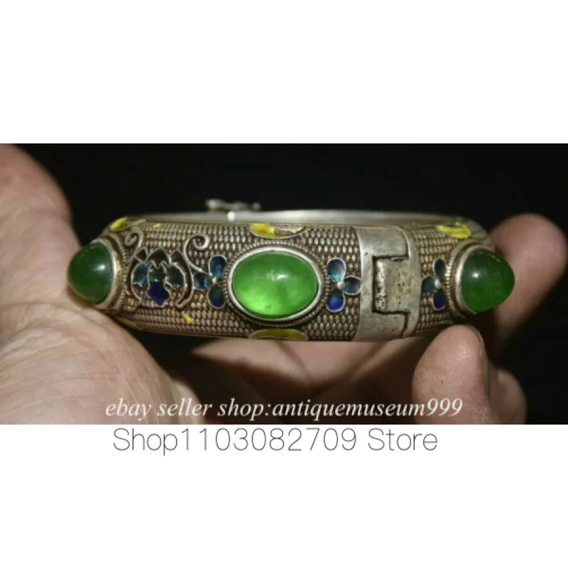 3.8 Inch Old-Fashioned Chinese Silver Inlaid Green Jade Gem Bat Bird Bracelet Pendant 