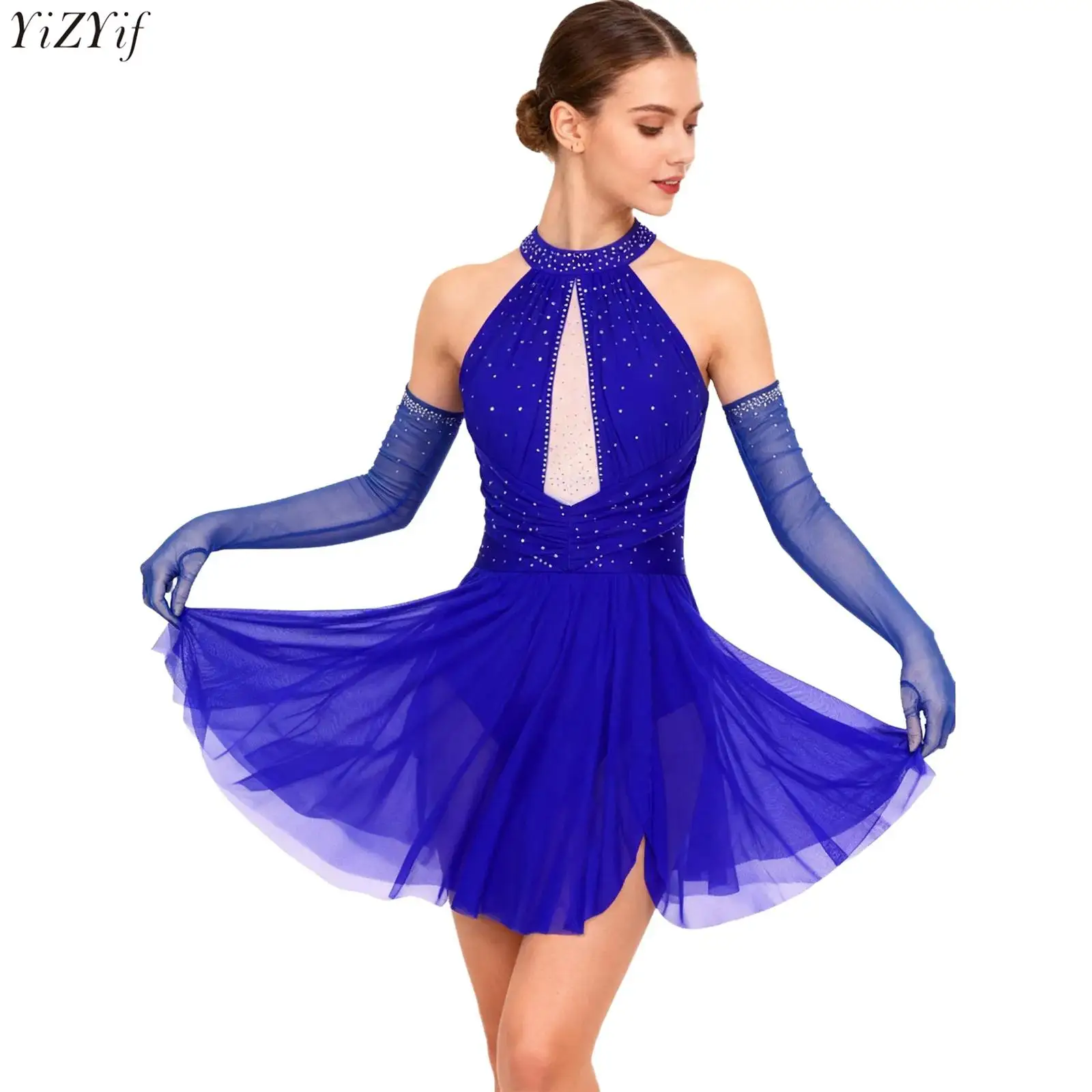 

2Pcs Womens Figure Skating Dance Dress Lyrical Ballet Dresses Hollow Out Backless Rhinestone Leotard Dress with Gloves Outfit