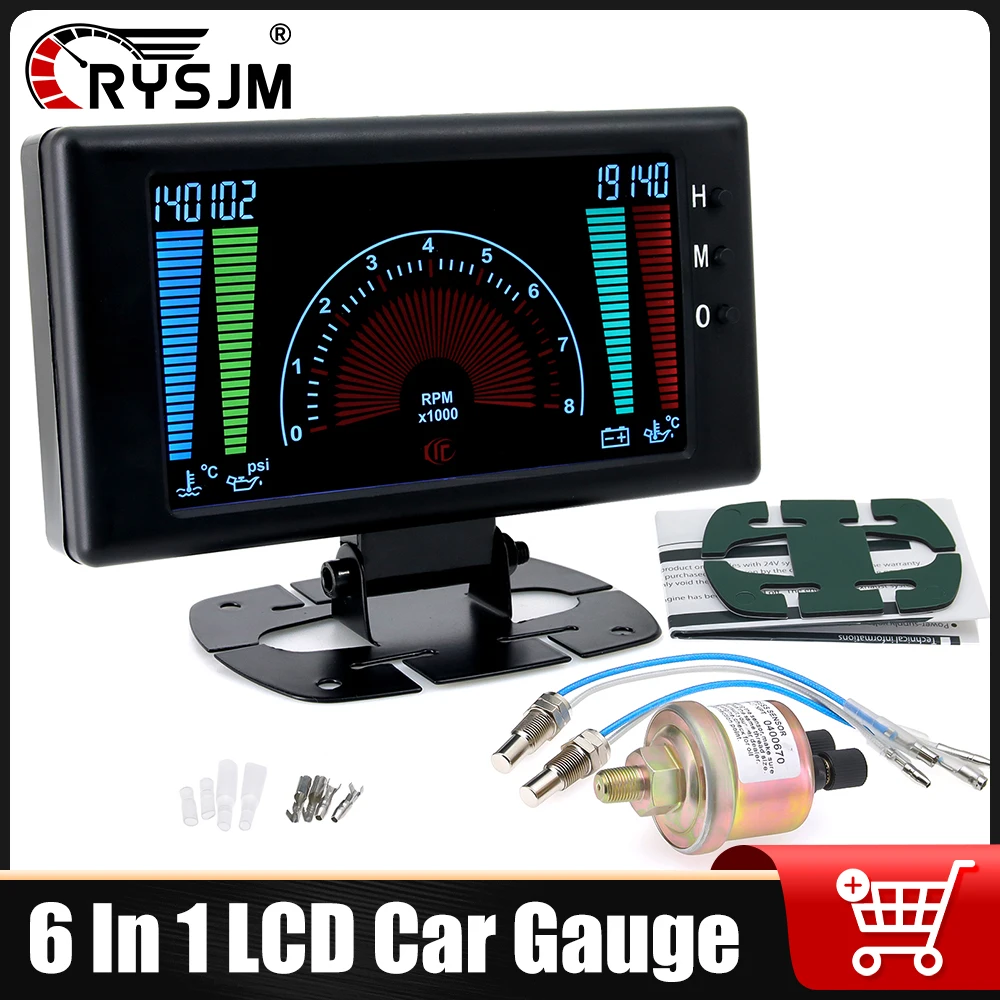 

RYSJM 6 In 1 Digital LCD Gauge Voltage Water Temperature Tachometer Oil Pressure Oil Temp Gauge with 1/8NPT Sensor for 12V Car