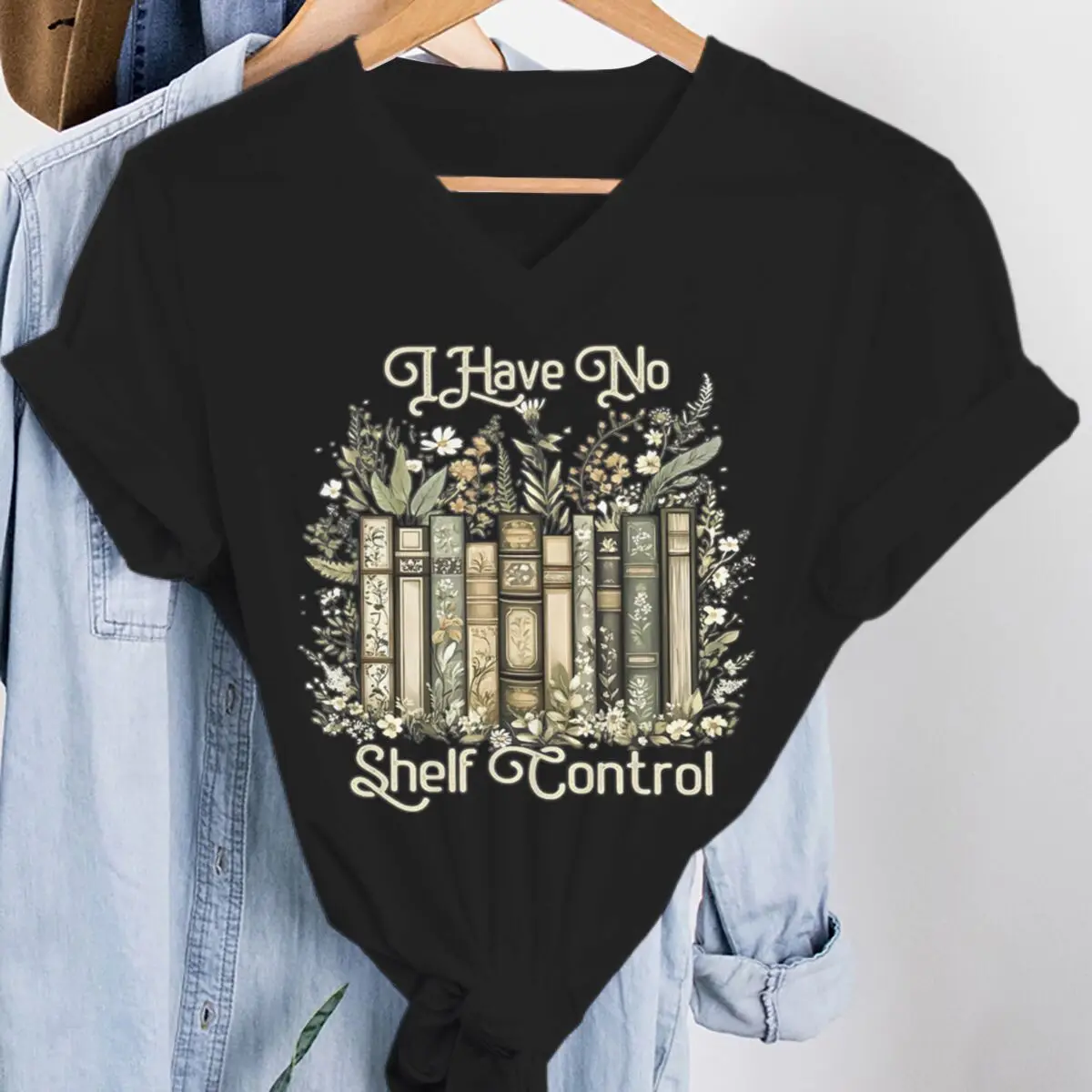I Have No Shelf Control Print Bookworm Fun Theme V Neck Tshirt Women Men Vintage Read Lovers Gifts Streetwear