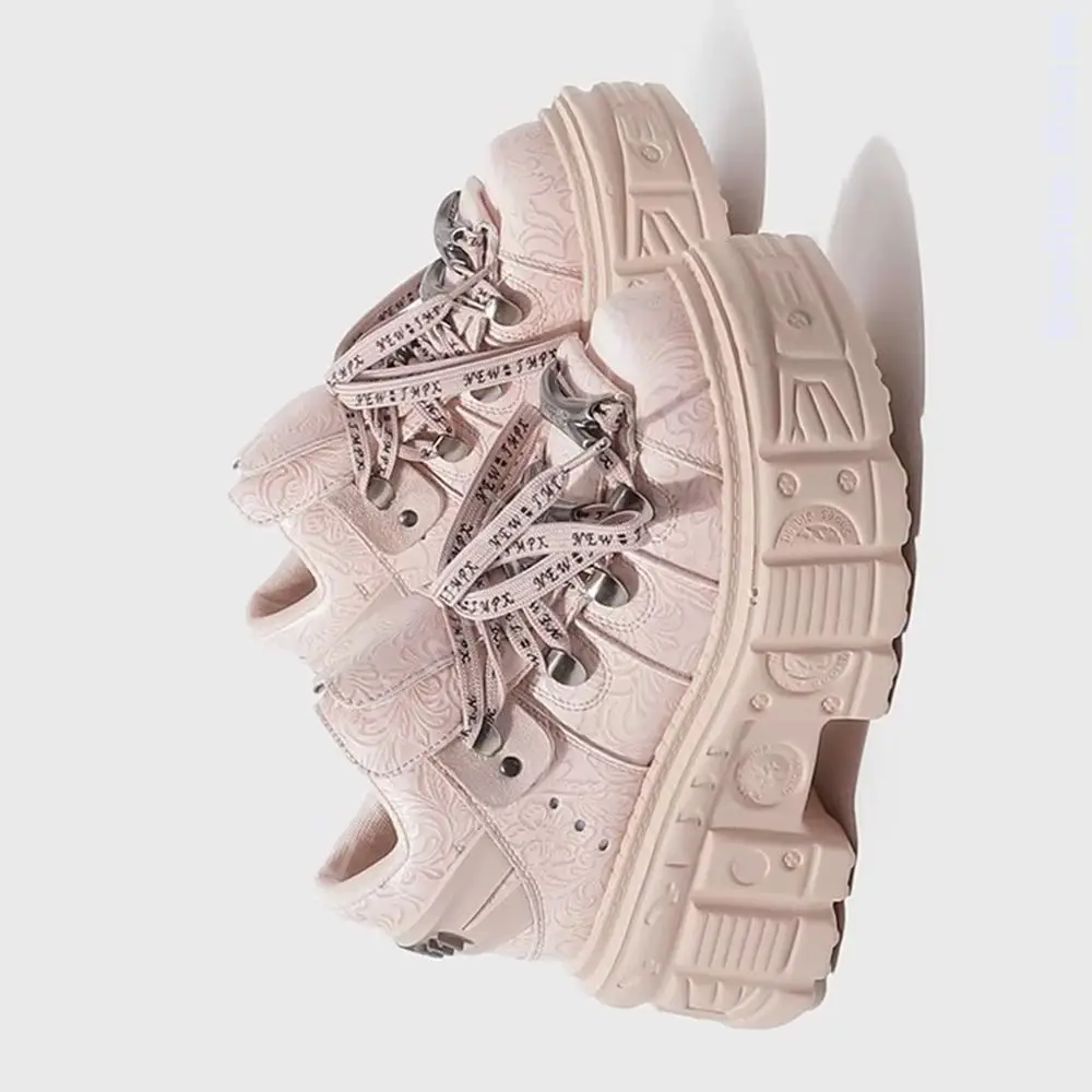 

Розовые кожаные туфли в готическом стиле в стиле панк, увеличивающие рост, женские мотоциклетные ботинки с металлическими украшениями и перекрестной завязкой, новые повседневные ботинки