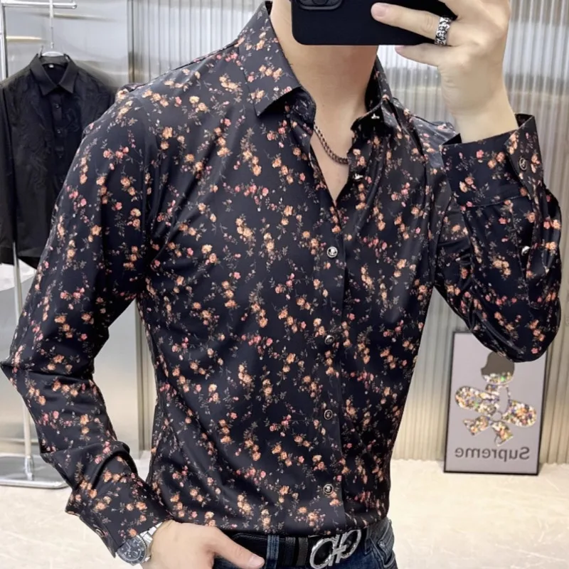 Trendy Spring New Men\'s Colored Shirt European Fashion Printed Elastic Slim Fit Long Sleeved Shirt Casual Business Camisa Hombre