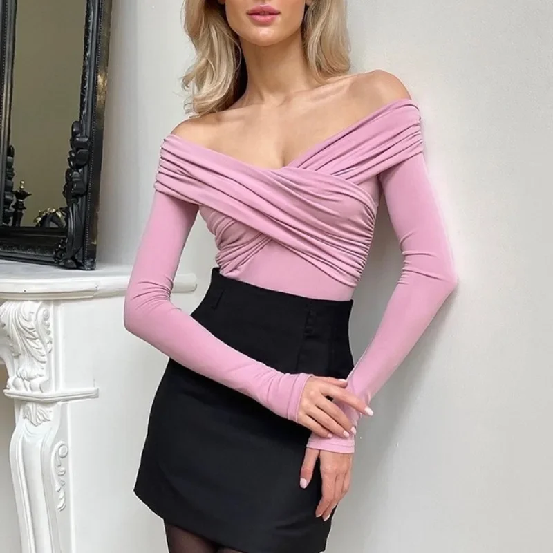 Women\'s Sexy V Neck Off Shoulder Rompers White Long Sleeve Folds Jumpsuits Spring Summer Solid Colors Slim Playsuits YWFD008