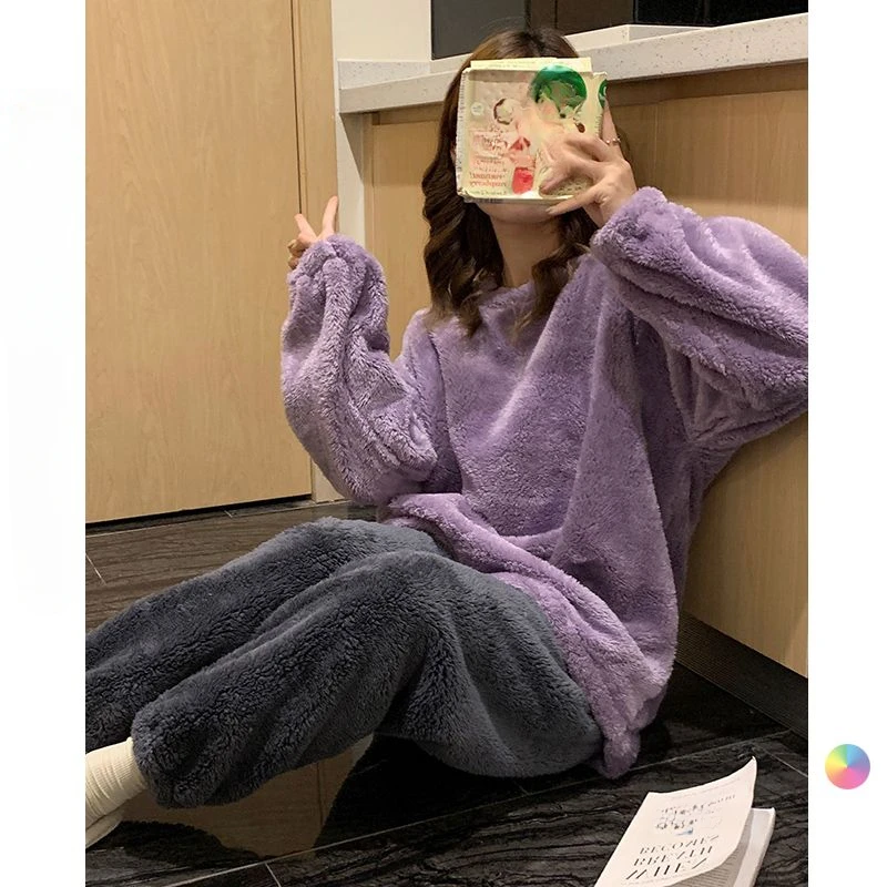 

Plush Pajamas Female in The Winter Thickening Type Two-piece Warm Loungewear Can Be Worn Outside Online Celebrity New Style Soft