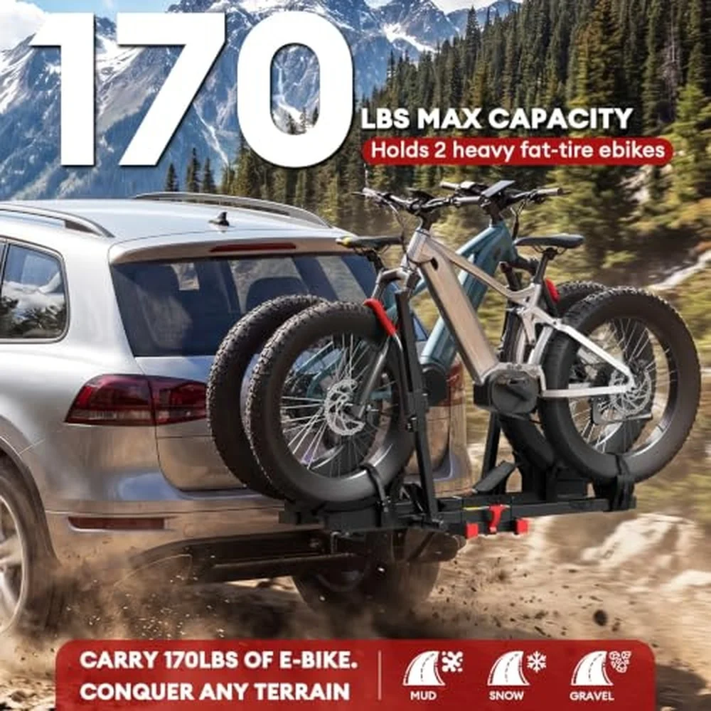 Hitch E Bike Rack with Ramp 170lbs Capacity Foldable Electric Bike Carrier for 2 Heavy Ebike Up to 5