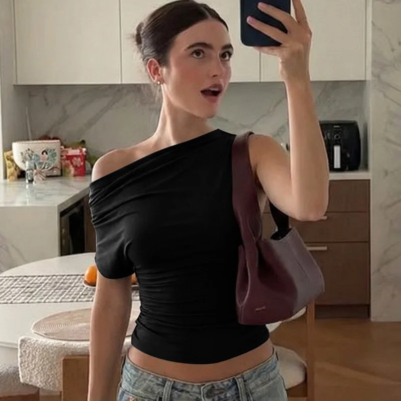 

Ticketsx Women's Off-Shoulder Tops Sexy Summer Vintage Ruched Patchwork Slim T-Shirt Fashion New Streetwear Y2K Female Clothing