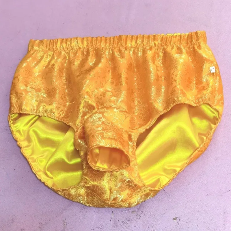 

Men Gold Glossy Floral Ice Silk Satin Lingerie Panties Plus Size Underwear Sexy Men Briefs