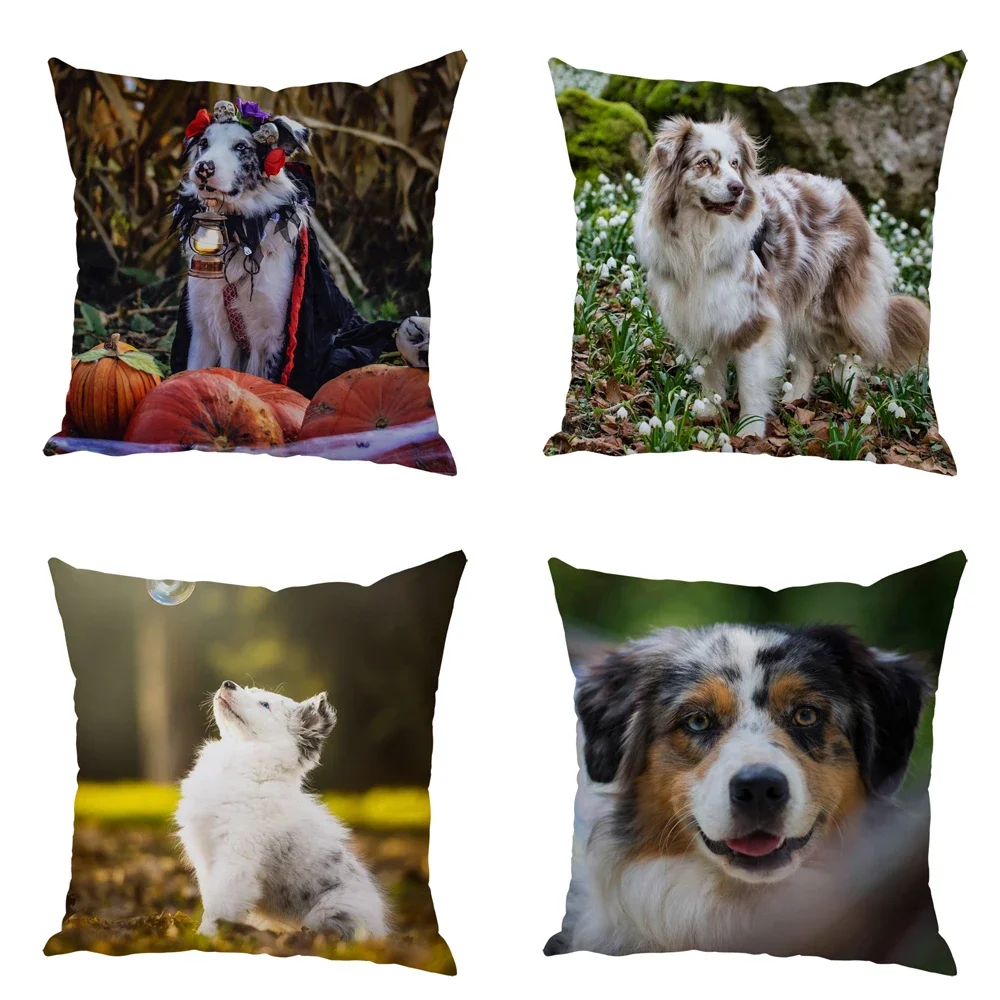 Cute Dog Pillow Case Peach Skin  Australian Shepherd Thorw Pillowcase for Sofa Home Car 45x45cm Decor Pet Animal Cushion Cover