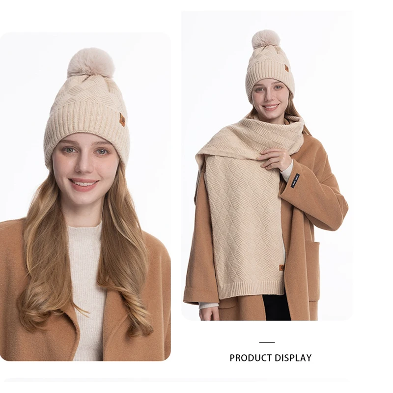 Conjunto de tres piezas de ropa de otoño e invierno: gorro, guantes y bufanda de punto de lana con forro polar de doble capa