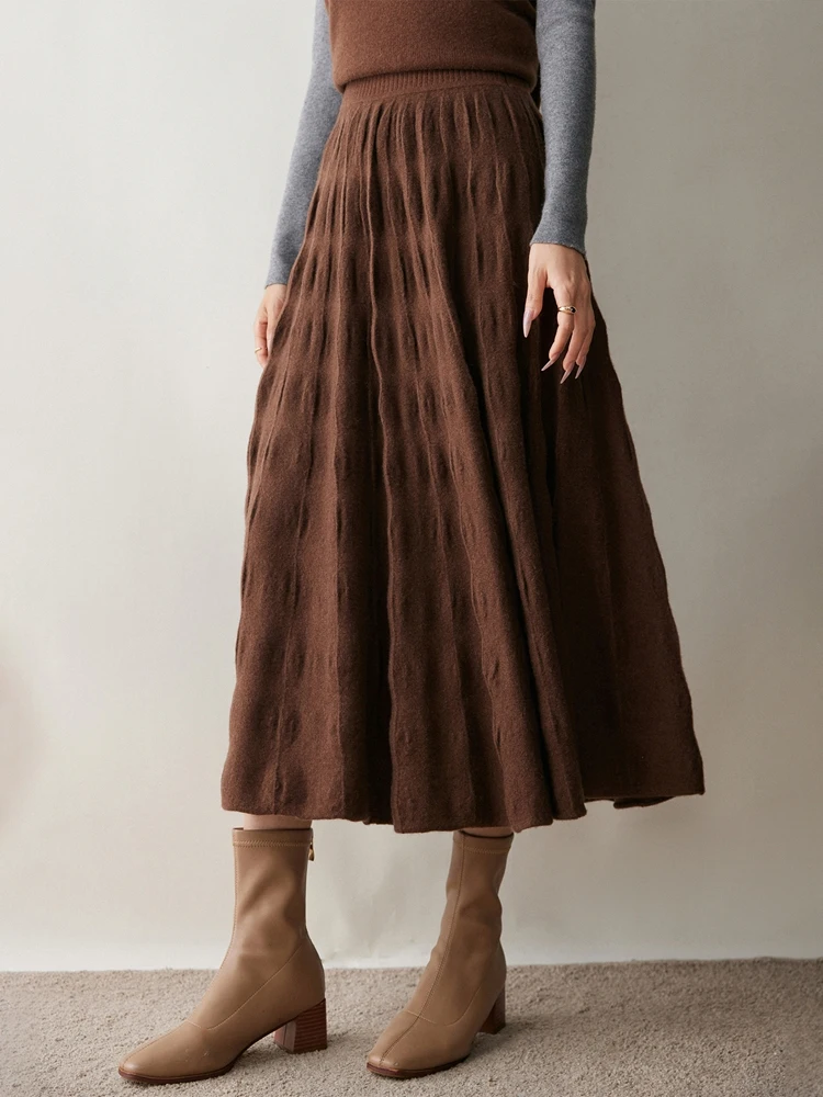 

Women Cashmere Skirt A-Line Jacquard Elastic Waist Flared Skirt Autumn Winter 100% Cashmere Knitted Office Lady Curled Hem Dress