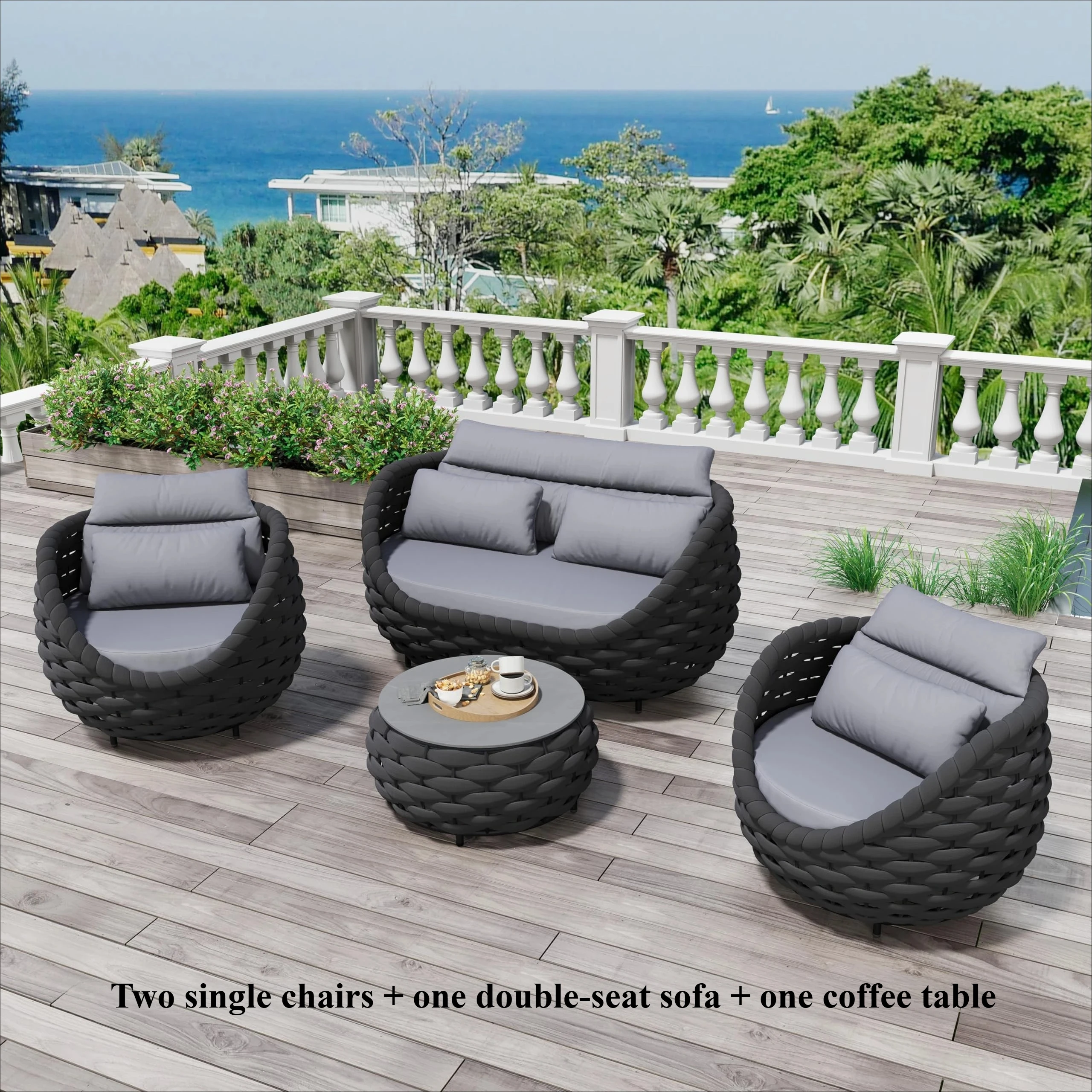 Tuinstoelenset van geweven touw, aluminium tuinmeubilair, 2-delige set met kussens, fauteuil en tafel, geschikt voor balkon, tuin, veranda, zwembadterras