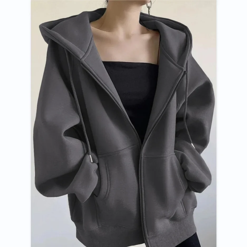 Autumn Winter New Thickened Solid Zip Up Hoodie Sweatshirt for Women Korean Fashion Warm Loose Hoodies Women Coat Y2k Clothes