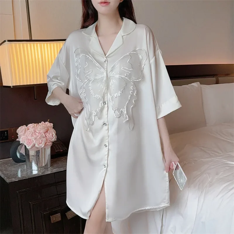 White Nightgown Summer Female Robe Sleepwear Gown with butterfly Nightwear Loose Casual Home Dress Loungewear