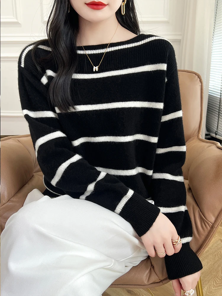 100% Pure Wool Knitted Pullover Women\'s Slash Neck Striped Sweater Fashion Loose Large Size Blouse Autumn Winter New Base Shirt