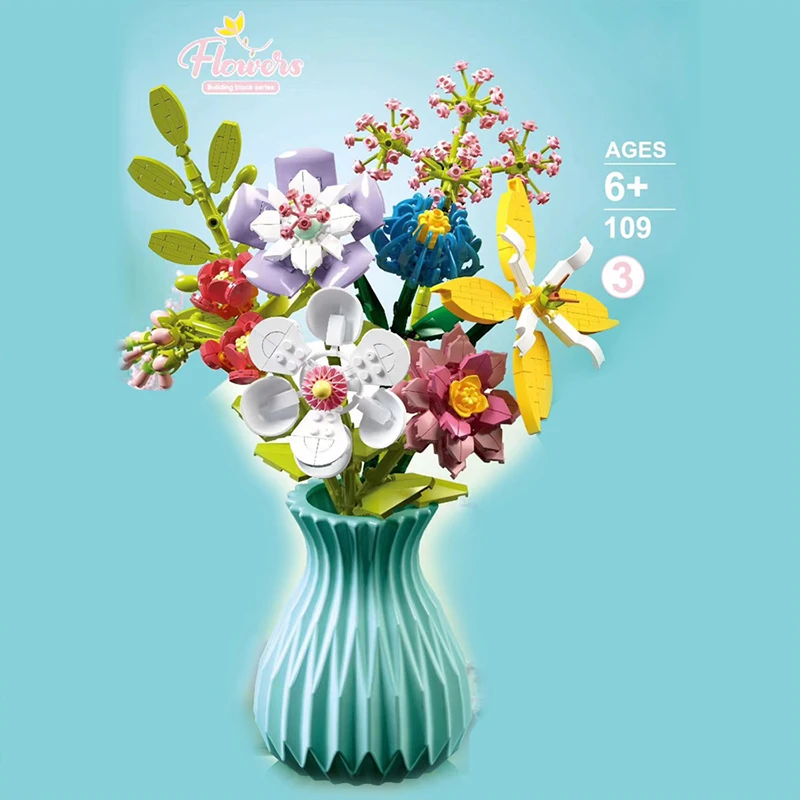 Flower Bouquet Building blocks Eternal Flower Rose Sunflower Plant Model Bricks Set With Vase DIY Toys For Kids Children Gifts