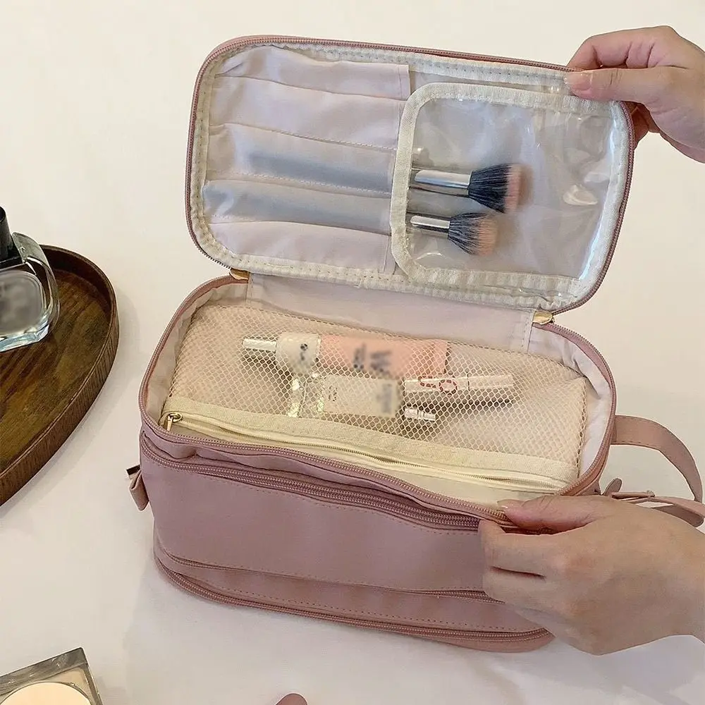 

Portable Women's Makeup Bag Large Capacity Solid Color Handheld Storage Bag Double Zipper Waterproof Toiletries Storage Pouch