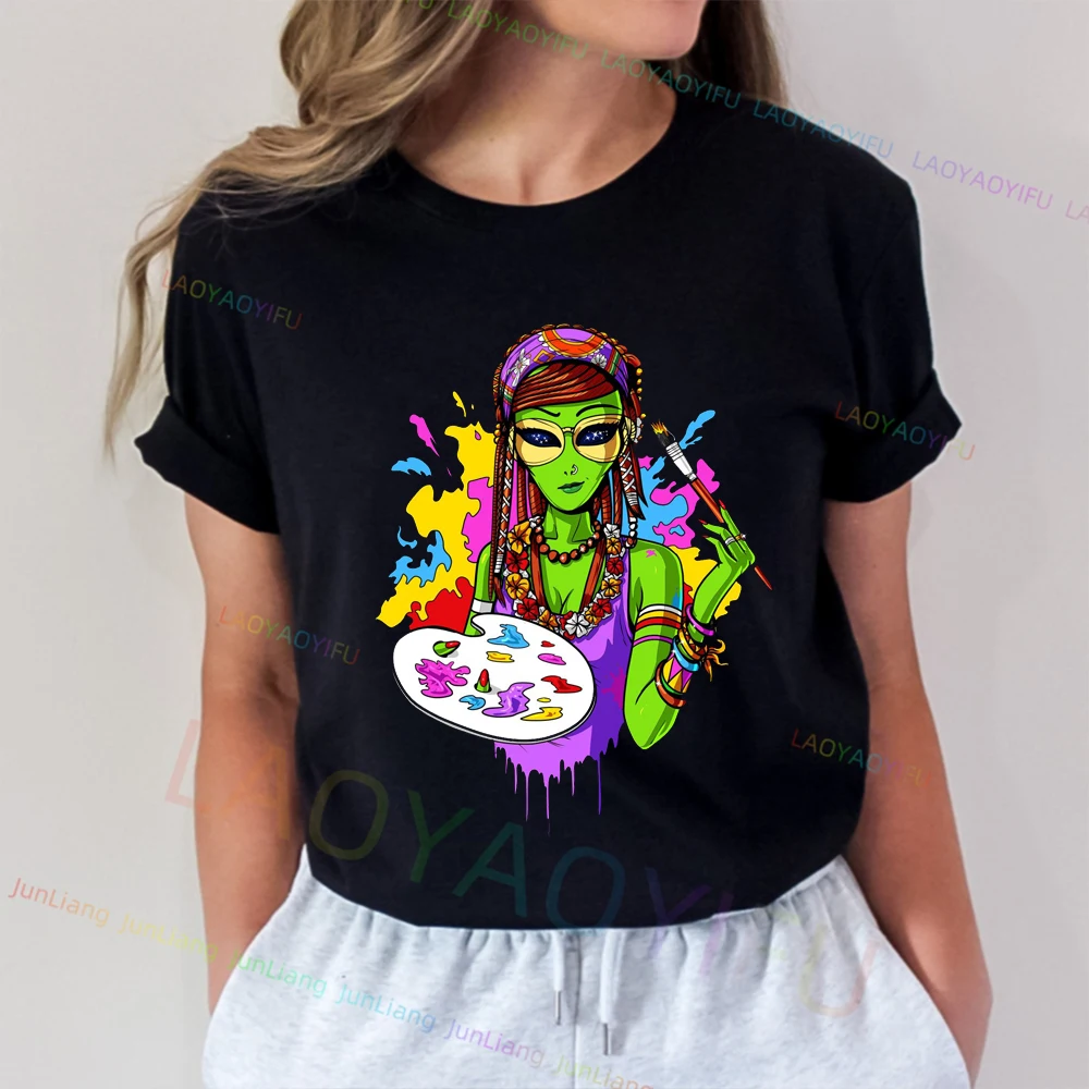 Summer Y2k Women's Clothing Offers Aliens Cartoon Short Sleeve Youthful Woman Clothes Loose Casual 100% Cotton Harajuku Fashion